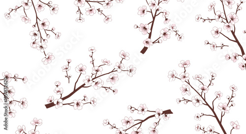 Elegant seamless pattern of delicate cherry blossom branches with light pink flowers on a pure white background representing spring beauty and renewal.