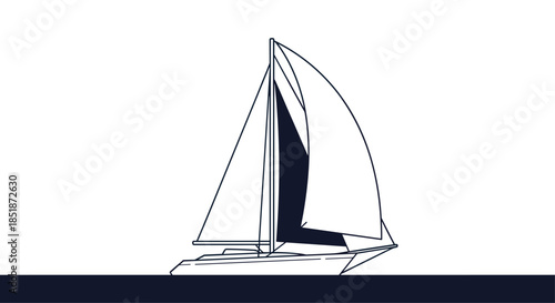 Simple line art illustration of a sailboat with sails unfurled gracefully gliding on a dark blue body of water representing maritime adventure.