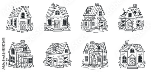 A collection of eight hand-drawn houses in black and white vector style, perfect for architectural design projects