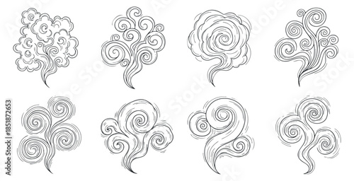 A collection of decorative swirling clouds and smoke elements in black outline vector style, suitable for artistic designs and illustrations