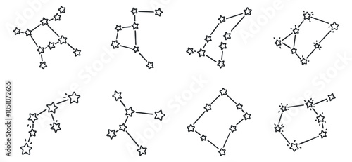 A collection of star constellations illustrated in simple black and white outline vector style, suitable for astronomy and design projects