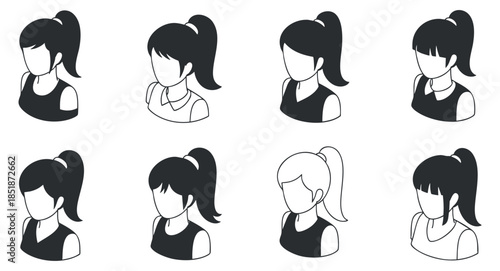 A collection of eight female character icons with various hairstyles in flat black and white vector style, suitable for digital design projects