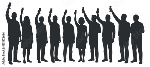 A group of silhouettes holding smartphones above their heads in a black and white vector style, ideal for social media and technology themes