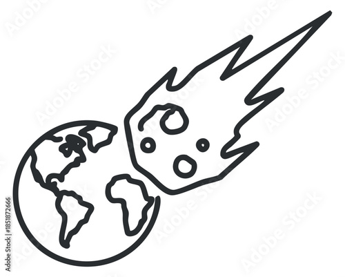 A minimalist outline illustration of Earth with a comet approaching in simple vector style, suitable for educational and scientific projects