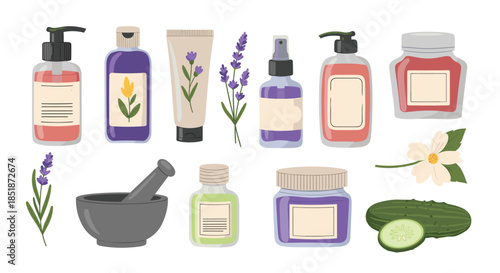 Comprehensive set of natural cosmetic products and ingredients including lavender cucumber oils and a mortar and pestle for organic beauty and skincare.