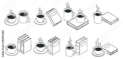 A collection of coffee mugs, steaming cups, and books in minimalist lineart vector style, perfect for cafe and library branding