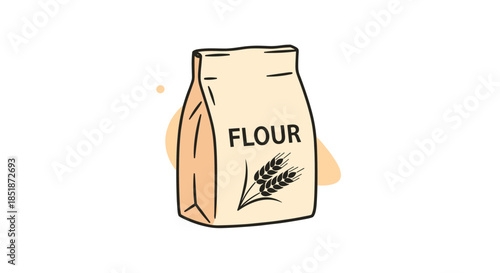 Simple illustration of a paper bag of flour with a wheat stalk design representing baking cooking and essential kitchen ingredients.