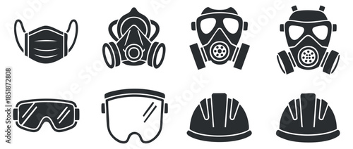 A collection of medical and safety masks, goggles, and gas masks in minimalist black and white vector style, ideal for health and safety designs
