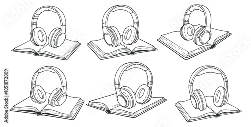 A collection of six outlined book and headphone illustrations in minimalist vector style, ideal for educational and audio-related designs