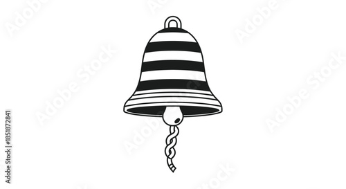 Distinctive black and white illustration of a striped bell with a uniquely twisted clapper symbolizing sound announcement and traditional elements.