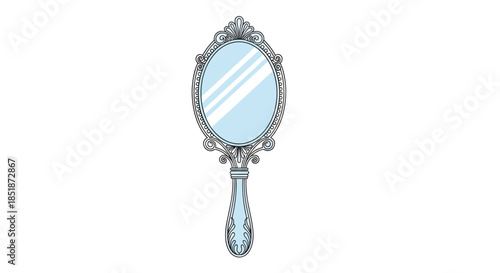 Elegant ornate oval hand mirror with a decorative silver frame and light blue reflective surface illustrating vintage beauty and personal accessory.