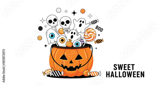 Festive Halloween pumpkin bucket overflowing with a cheerful assortment of candies skulls and ghosts alongside "Sweet Halloween" text for holiday treats.