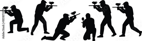 Paintball players silhouettes aiming markers in action, competitive team battle poses isolated on white background sport strategy game training recreation