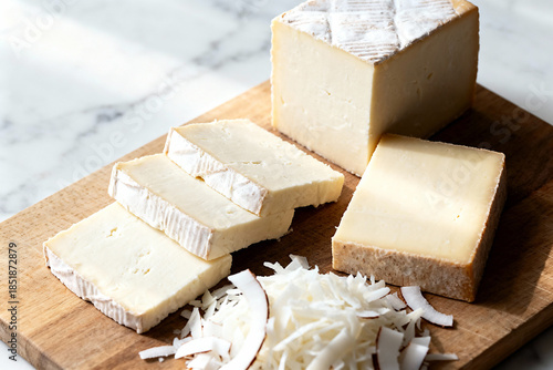 Vegan coconut cheese sliced ​​on a board, close-up,  diffused light