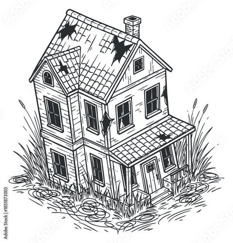 An abandoned house illustration with overgrown grass and a dilapidated structure in black and white sketch style, ideal for spooky themes and graphic design