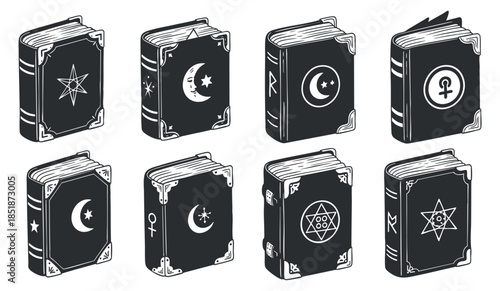 A collection of eight mystical and occult-themed books in black and white vector style, ideal for educational or artistic projects
