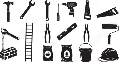 Black construction and building tool icons set
