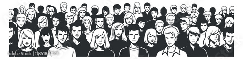 A crowd of diverse characters in black and white minimalist vector style, ideal for social and community-themed designs