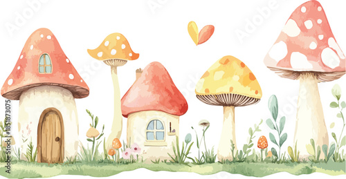 A red fly agaric cartoon mushroom house sits nestled in the autumn forest grass and leaves, creating a magic fungus decoration in a poisonous nature illustration vector