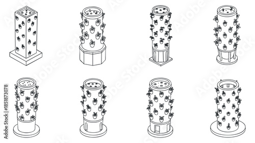 A collection of vertical plant towers in minimalist outline vector style, ideal for urban gardening and eco-friendly design