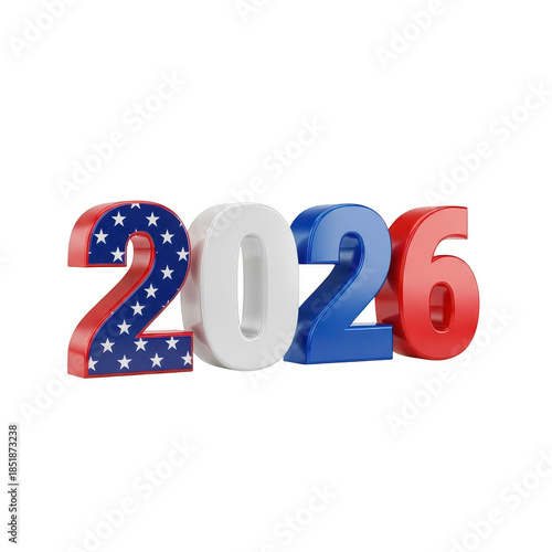 Vibrant 3D 2026 Numbers in American Flag and Patriotic Red White Blue for Future Planning and Events