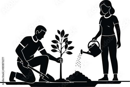 Flat silhouette vector showing low angle view of man kneeling planting sapling and woman pouring from metal watering can in community garden soft morning light peaceful