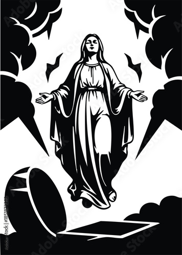 Woodcut style frontal depiction of virgin mary ascending with outstretched arms above open tomb surrounded by angels dramatic high contrast black and white silhouette vector icon