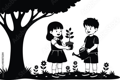 Line art close up children planting young sapling girl smiling holding plant boy watering with can under shade tree garden black and white vector illustration peaceful