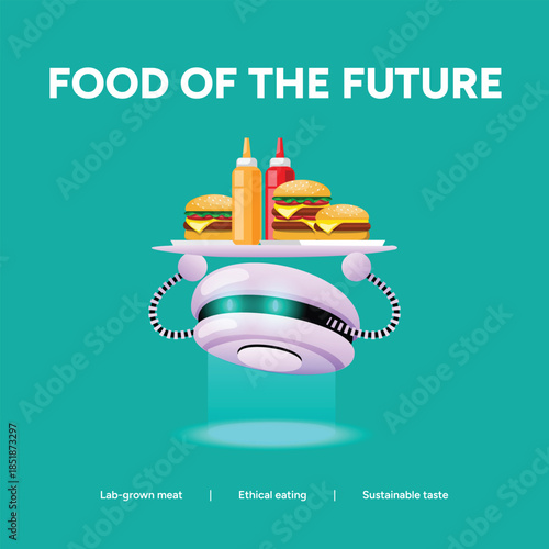 Food of the future robot serving burgers and condiments on a futuristic tray