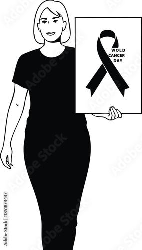 Minimalist silhouette vector front view woman holding sign with black awareness ribbon looking at camera standing full length elegant dress monochrome poster placard high contrast