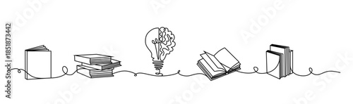 A single line drawing of a glowing light bulb with a human brain above the open textbook identity logo. Continuous line drawing design, vector graphic illustration.