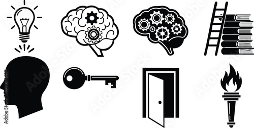 Flat design black icon set brain light bulb key open door torch ladder books head silhouette facing right learning creativity innovation minimal simple web print layout