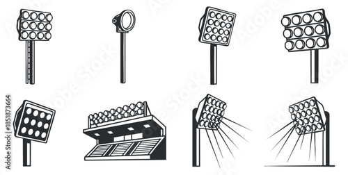 A collection of various floodlight and spotlight icons in black and white minimalist vector style, ideal for sports and event design