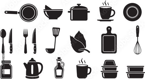 Black and white kitchen utensils icons set