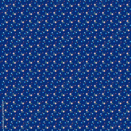 Rustic, country style Simple colorful flowers and leaves on a blue background Cute small flower background Tiny floral fabric, wallpaper Farmhouse, cottage decor