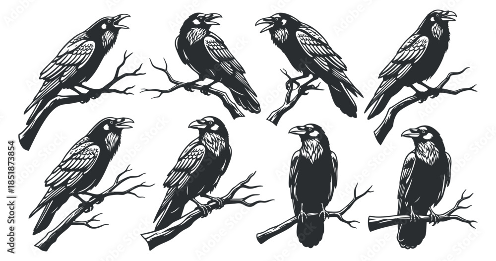 Obraz premium A set of eight stylized crows and ravens perched on branches in black and white vector style, ideal for nature-themed designs