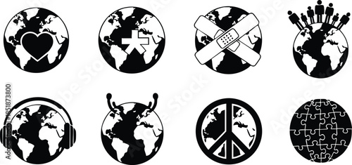 Grunge stamp icon set close up eight globe symbols with heart medical ribbon community headphones peace and puzzle motifs arranged in grid high contrast monochrome style