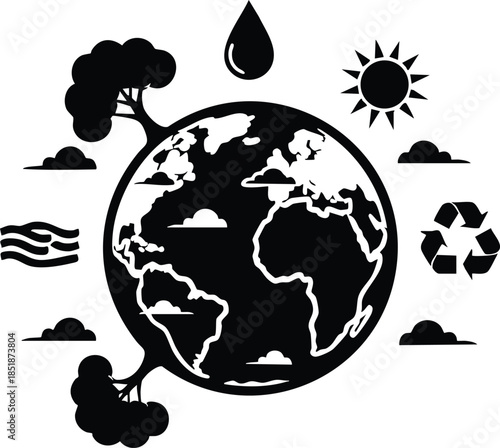 Flat design close up globe icon showing earth surrounded by eco symbols tree sun water drop recycle mark clouds and waves black and white silhouette badge