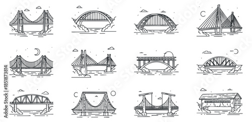A collection of various bridge designs in minimalist black and white outline vector style, suitable for urban planning projects