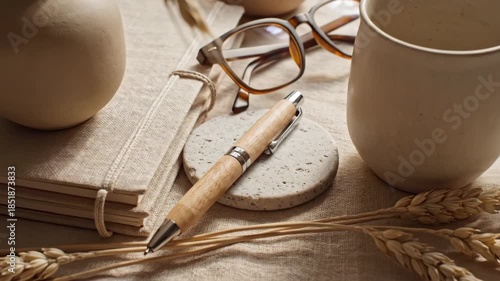 Neutral-toned still life arrangement featuring dried wheat stalks in a vase, notebooks, pen, eyeglasses and ceramic mug on a light fabric surface. 