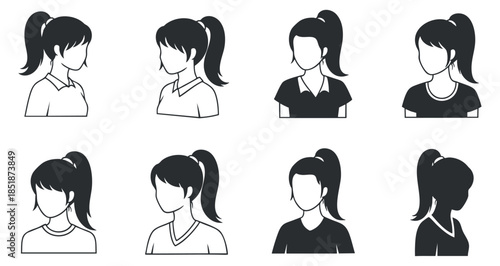 A set of female silhouette profiles featuring different hairstyles and clothing in black and white vector style, suitable for graphic design and branding