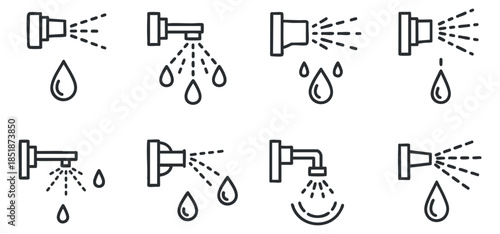 A collection of water spray and drop icons in clean outline vector style, suitable for plumbing and water supply design