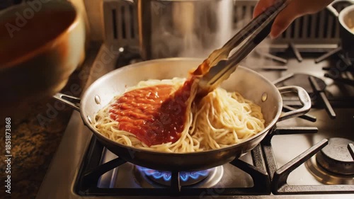 Woman adding rich tomato sauce to cooked spaghetti in a pan on a gas stove, preparing a meal in a home kitchen.