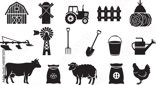 Set of rural farm icons silhouettes