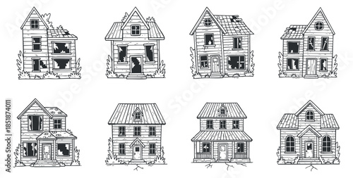 A collection of eight variously styled houses in a black and white outline vector style, ideal for architectural illustrations and creative projects