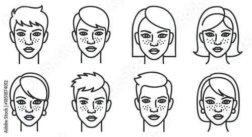 A set of diverse face illustrations featuring various hairstyles and expressions in minimalist black and white line art style, perfect for graphic design projects