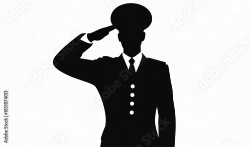 Black Silhouette of a Military or Police Officer in Uniform Performing a Formal Salute for Veterans Day, Memorial Day, and Patriotic Branding.