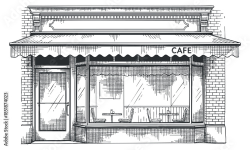 A detailed illustration of a cafe storefront in black and white outline vector style, ideal for restaurant branding and design projects