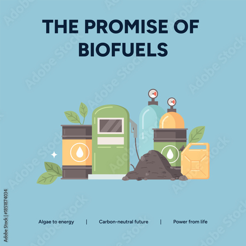 The promise of biofuels, with gas and barrels, on a light blue background
