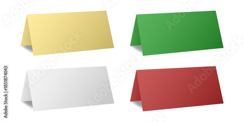 Set of table cards. White, gold, green, and red bent sheets. Tent table card, nameplate